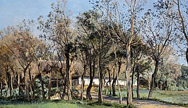 A thatched farm behind deciduous trees. by Janus la Cour