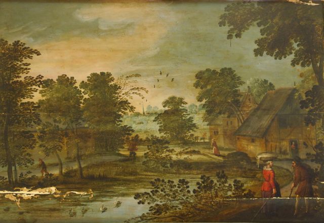 Landscape with figures at the entrance of a village by Jasper van der Lanen
