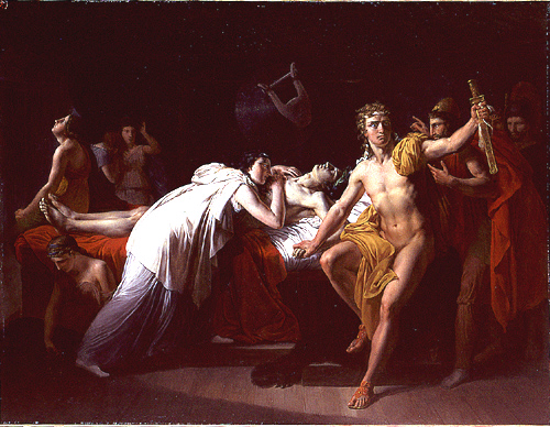 Briseis mourning the body of Patroclus in the tent of Achilles by Jean Alaux