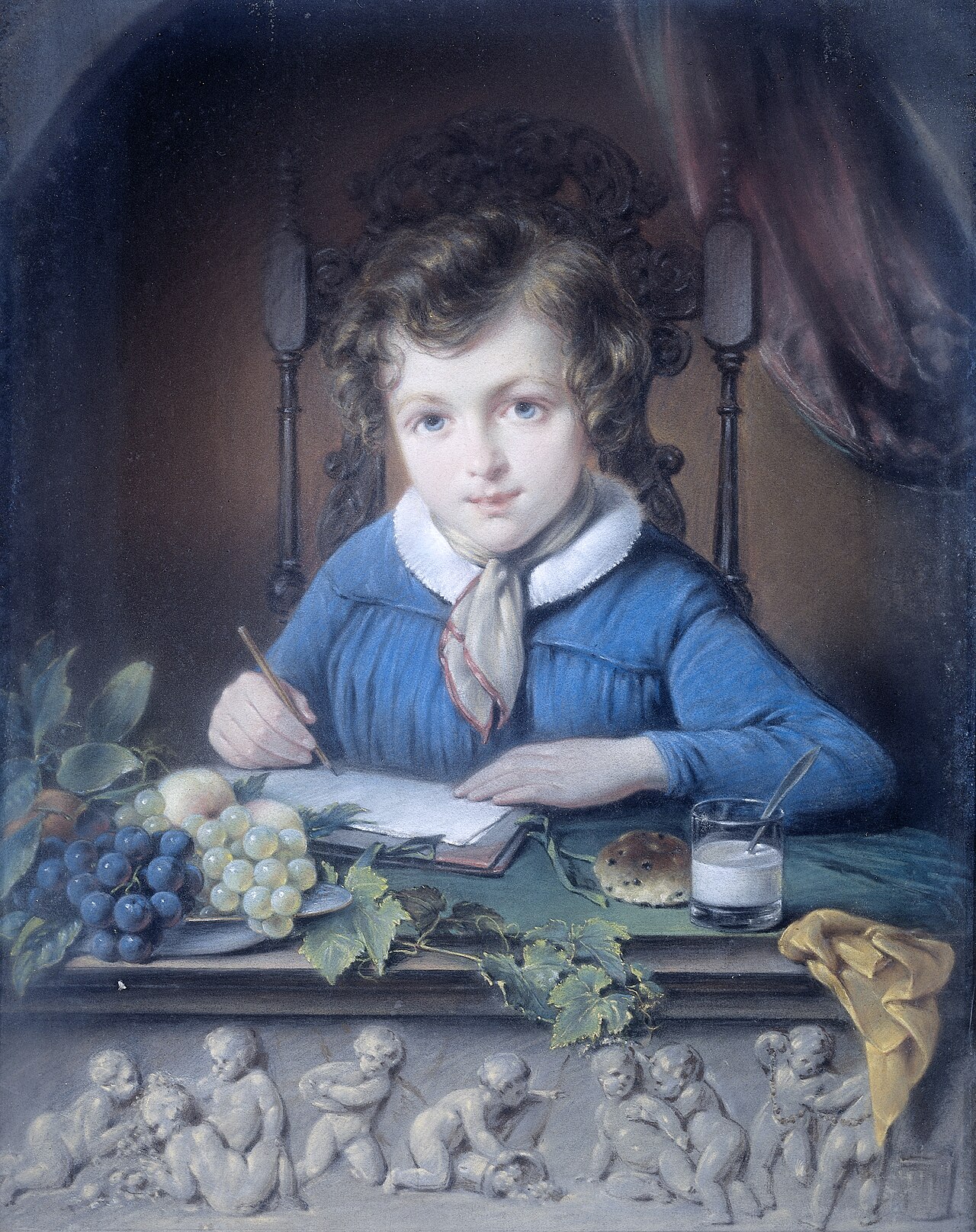 Portrait of a boy sitting at a window by Jean Augustin Daiwaille