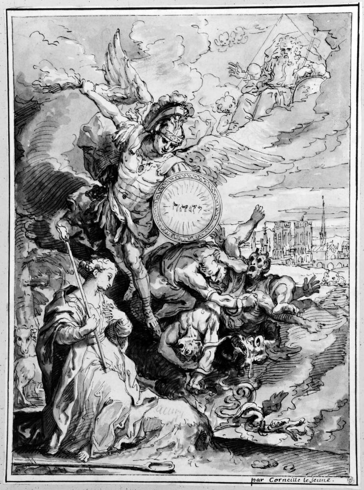 Ludvig XIV som Mikael, Frankrikes skyddshelgon, besegrar kätteriet by Jean-Baptiste Corneille
