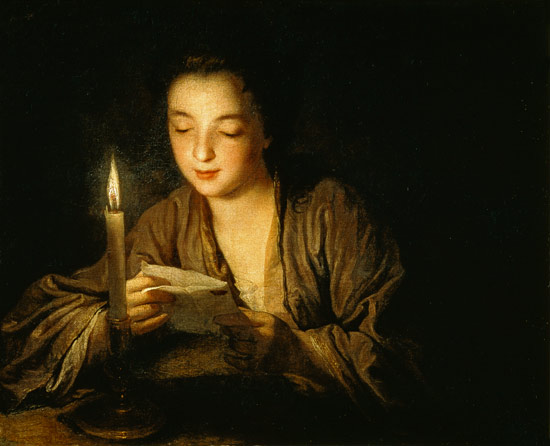 Girl reading a letter by candlelight by Jean-Baptiste Santerre