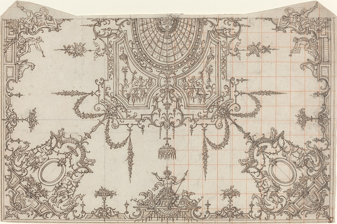 An Elaborate Ceiling with Trellises and Seated Figures by Jean Bérain the Elder