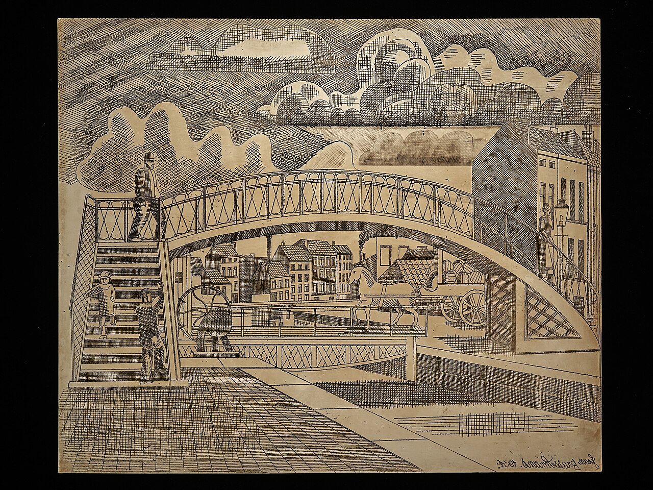 Near a canal (bridge and horse) by Jean Brusselmans
