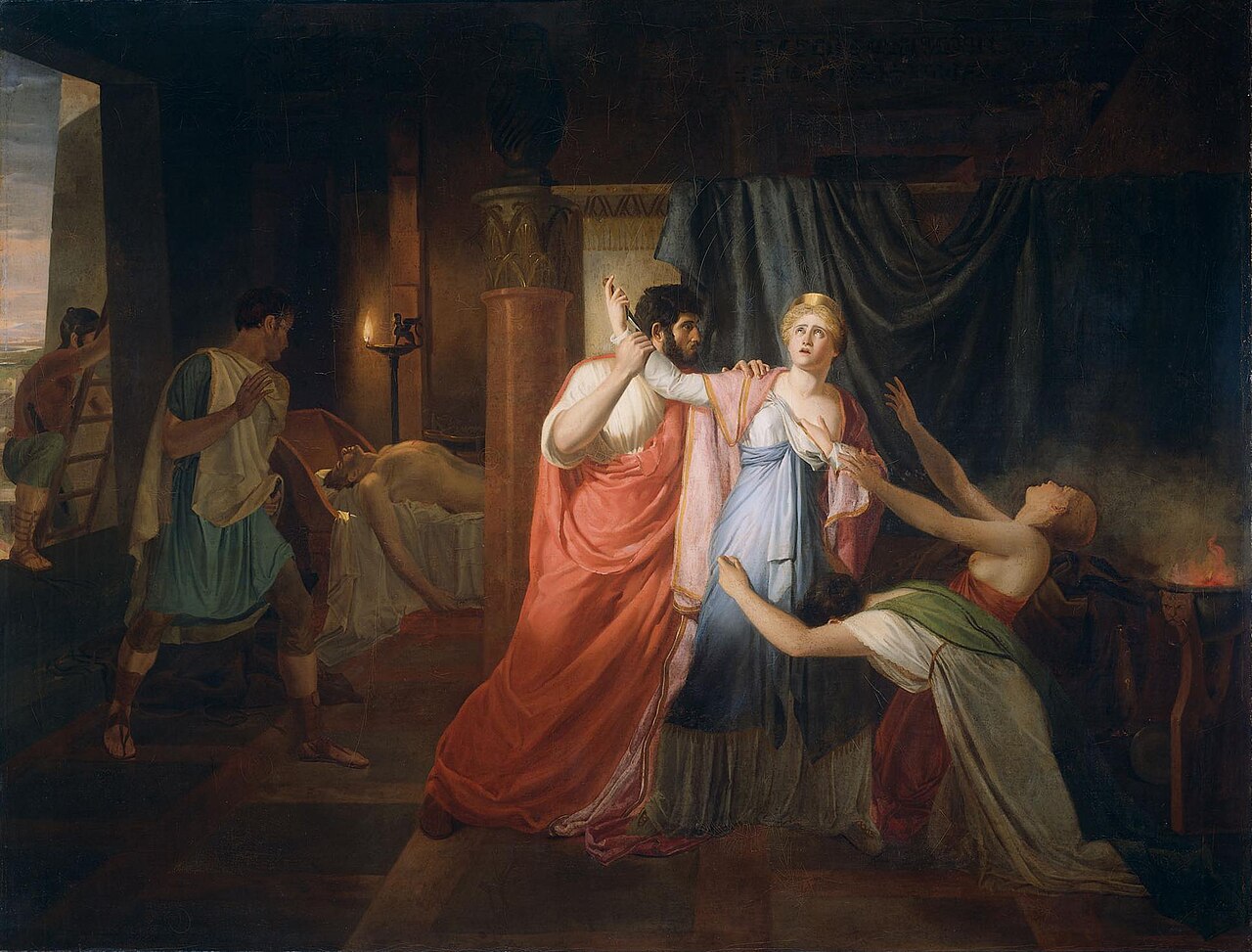 Proculeius preventing Cleopatra from stabbing herself by Jean-Eugène-Charles Alberti