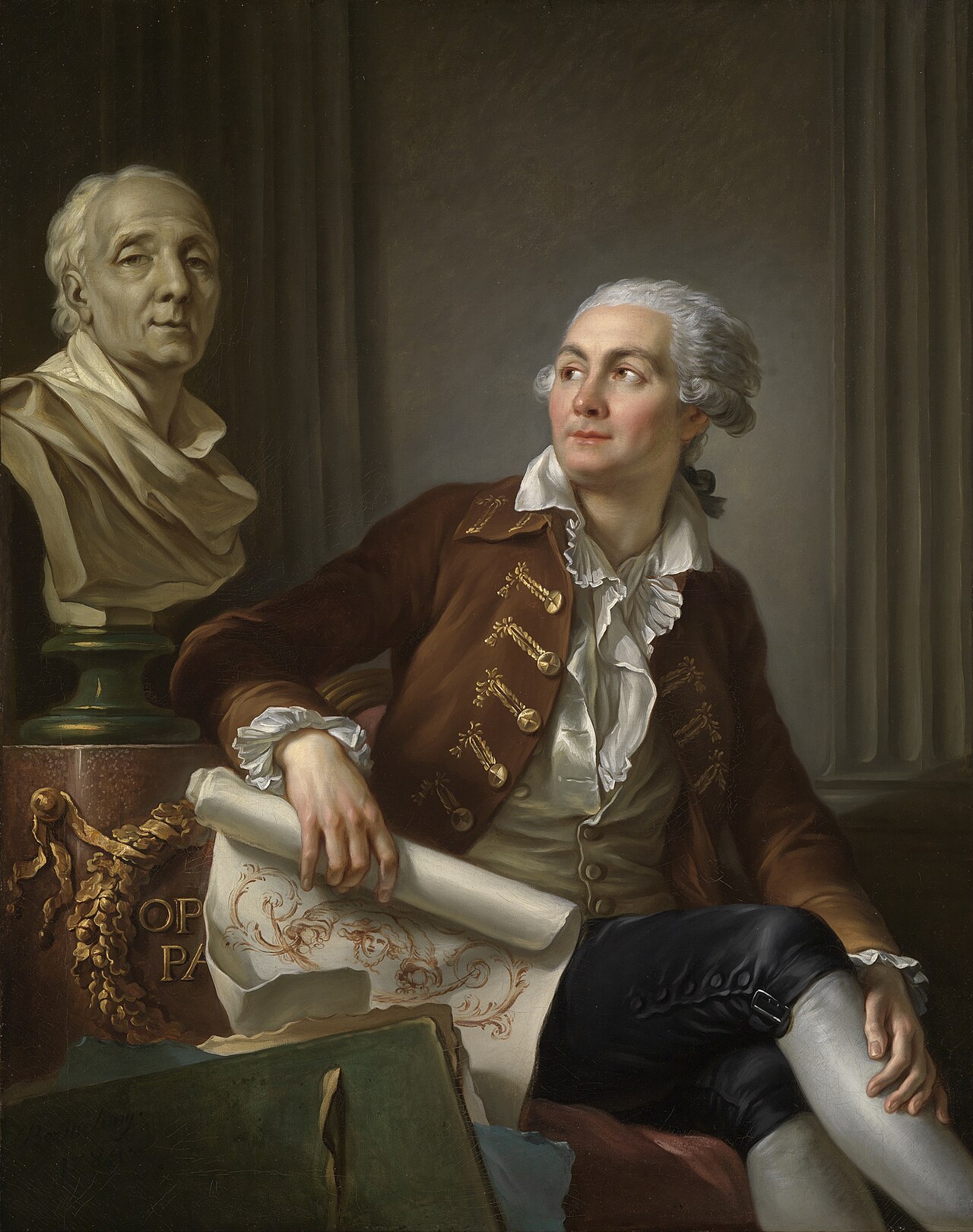 Portrait of man with bust of Denis Diderot by Jean-Simon Berthélemy