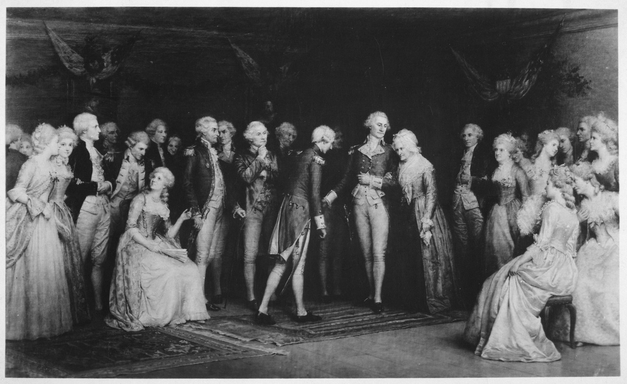 The Peace Ball at Fredericksburg, Virginia held at the Rising Sun Tavern after the surrender at Yorktown. November 1781 by Jennie Augusta Brownscombe