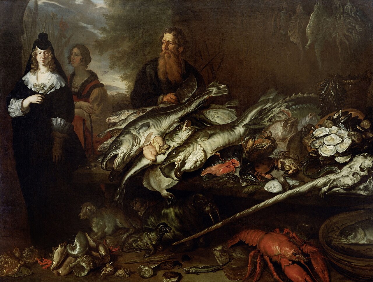 Great Fish Market / Young woman with maid at a fish market with shells and a narwhal by Joachim von Sandrart the Elder