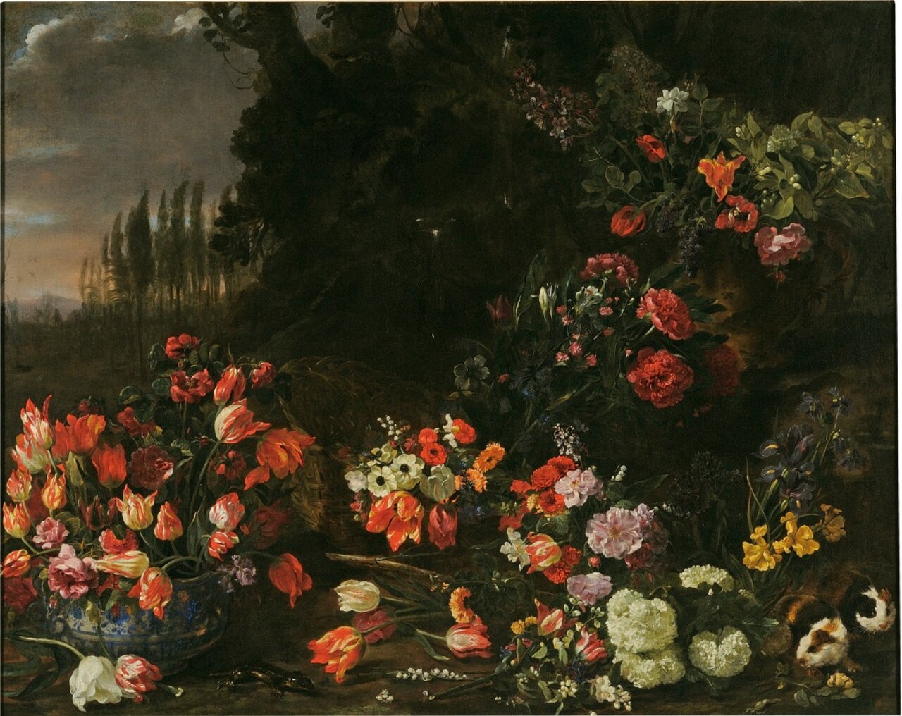 Flowers before a landscape, two guinea pigs and a lizard by Joannes Hermans
