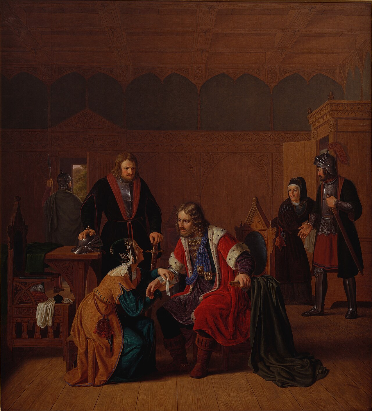 Valdemar the Great is welcomed  at Absalon's mother's house, where he sought refuge after the Battle of Roskilde by Johan Peter Raadsig