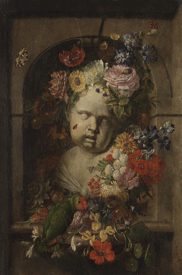 Bust of a child in a flower-decorated niche by Johann Adalbert Angermayer