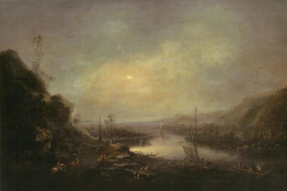 View of the river Elbe at Sörnenwitz with the sun rising in the frosty morning by Johann Alexander Thiele