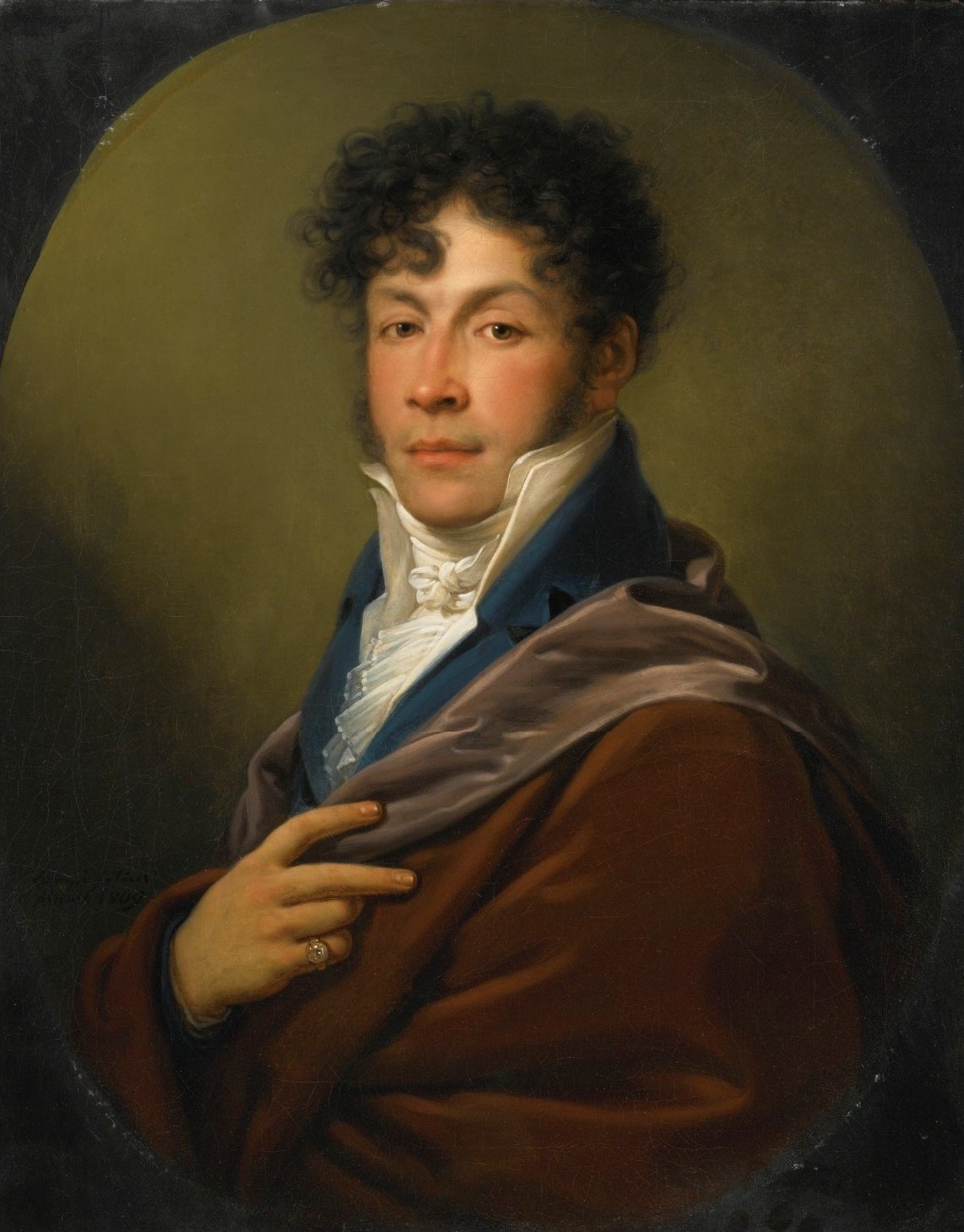 Portrait of a Gentleman, Half Length, in a White Ruffled Shirt and Blue Jacket by Johann Baptist von Lampi the Younger
