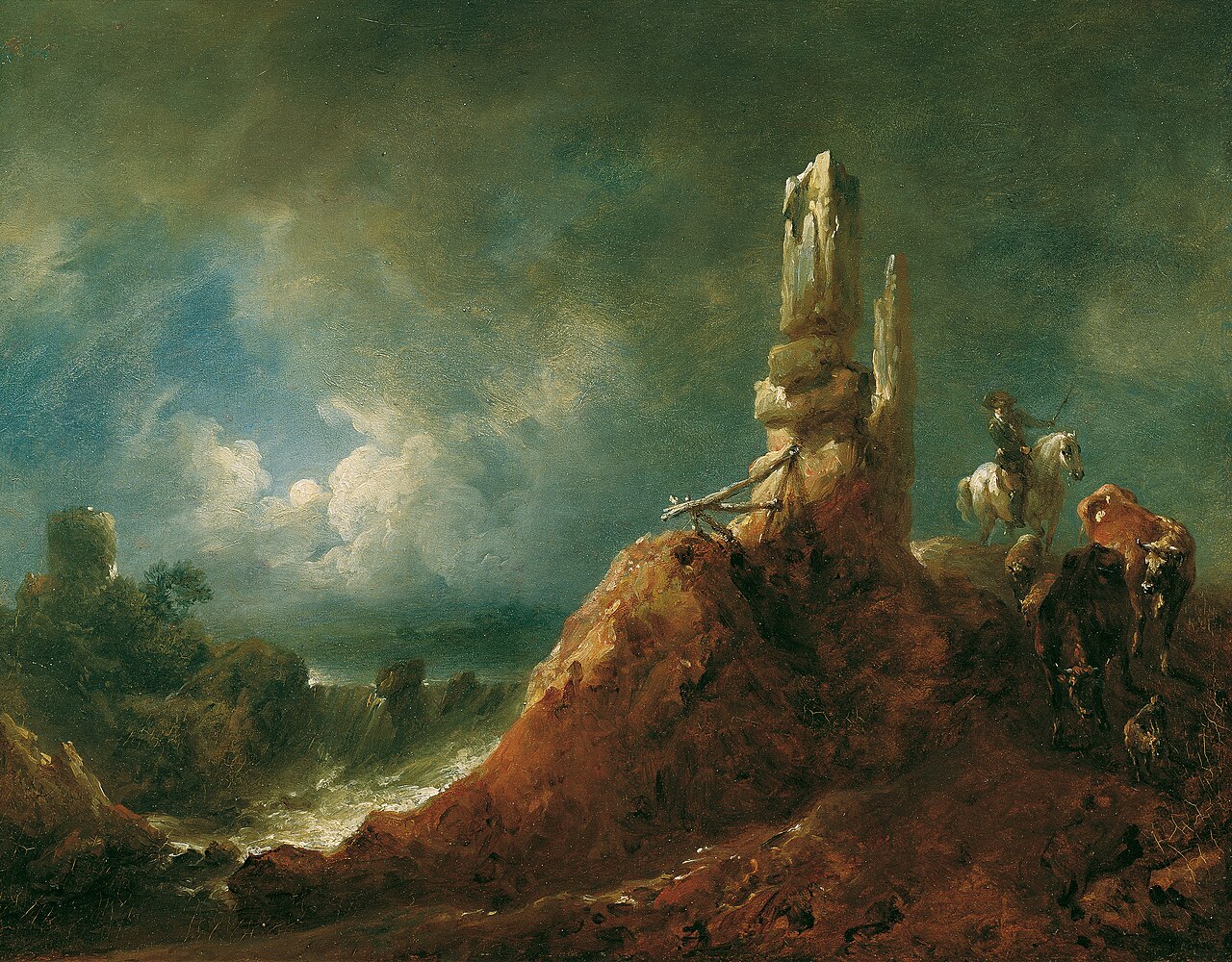 Landscape with ruin and rider in the moonlight by Johann Christian Brand