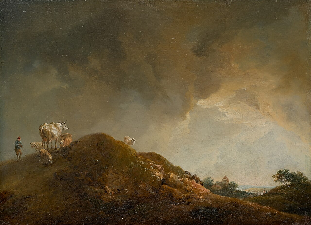 Rolling landscape with cows and sheep by Johann Christian Brand
