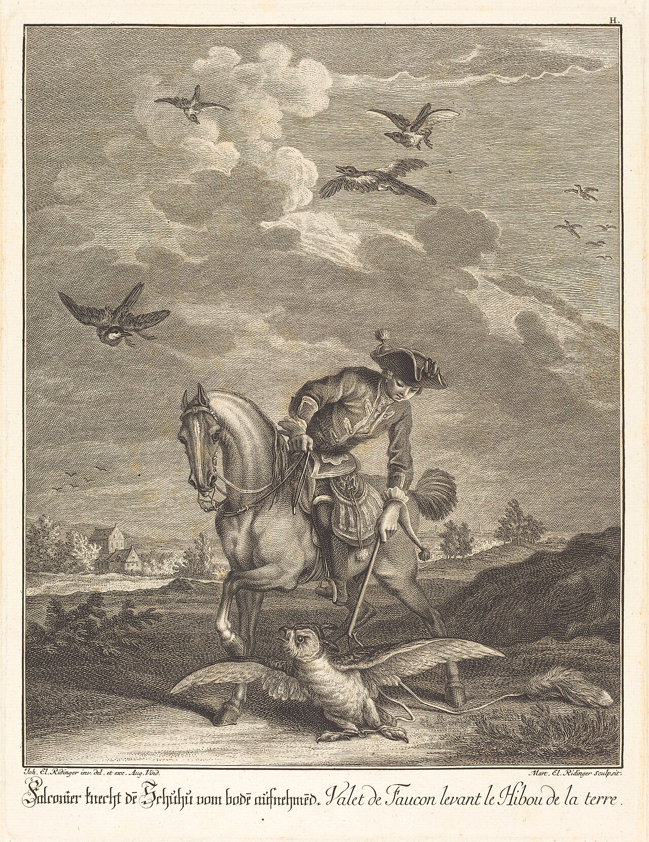 Falconeer Lifting an Owl from the Ground by Johann Elias Ridinger