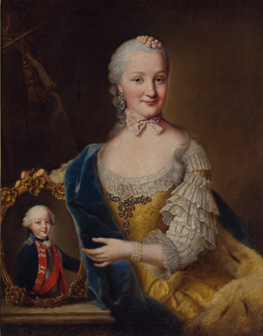 Maria Franziska of Pfalz-Sulzbach, Countess Palatine of Zweibrücken-Birkenfeld, with a portrait of her eldest son Karl August by Johann Georg Ziesenis