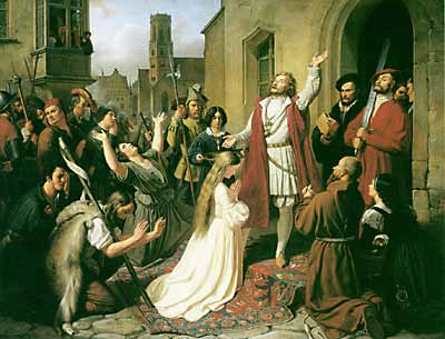 Jan van Leyden baptises a young girl by Johann Karl Bähr