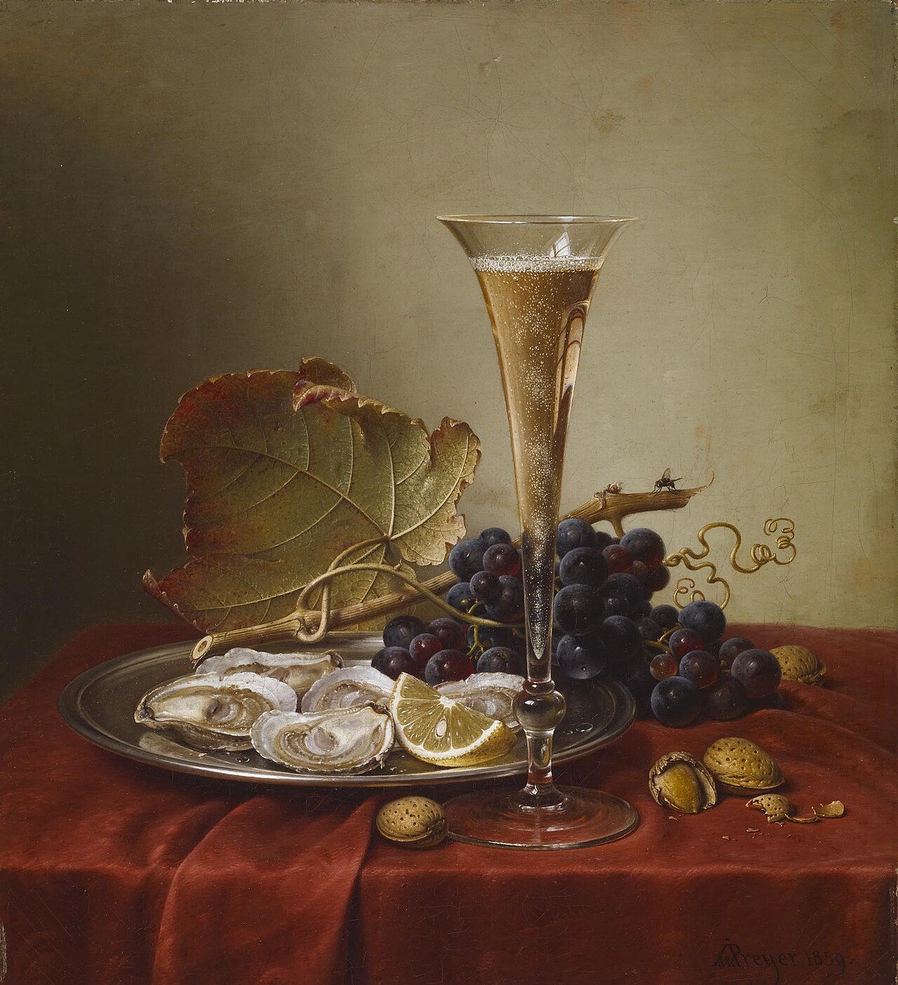 Grapes, Oysters, Hazlenuts and a Champagne Flute on a draped Ledge by Johann Wilhelm Preyer