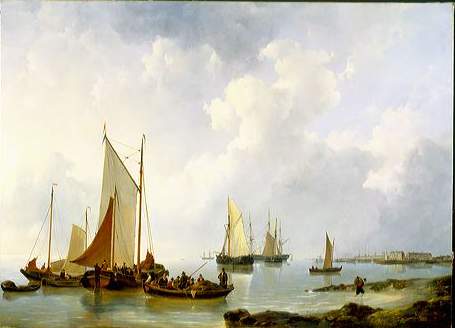 Boats on calm water near the coast by Johannes Christiaan Schotel