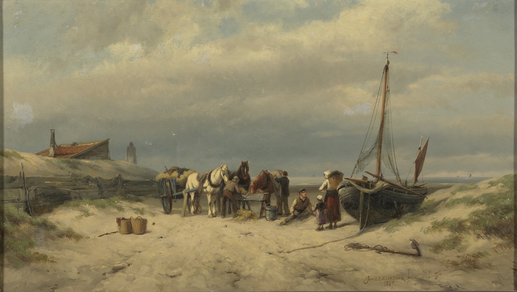 Fishermen at the beach by Johannes Hermanus Barend Koekkoek