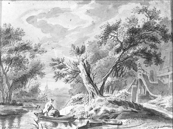River Landscape with Man in Rowing Boat and Tree-Lined Shore by Johannes Hermanus Koekkoek