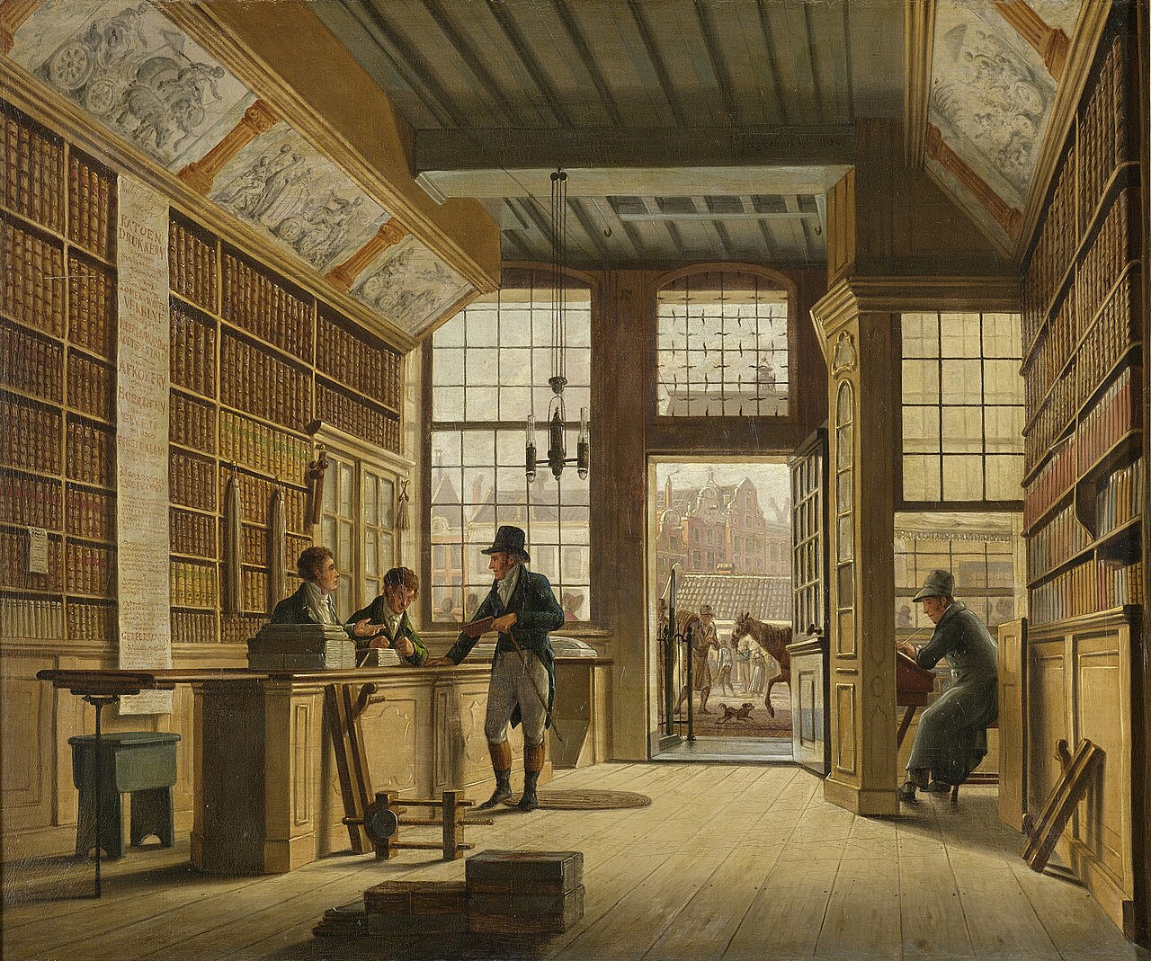 The Shop of the Bookdealer Pieter Meijer Warnars on the Vijgendam in Amsterdam by Johannes Jelgerhuis