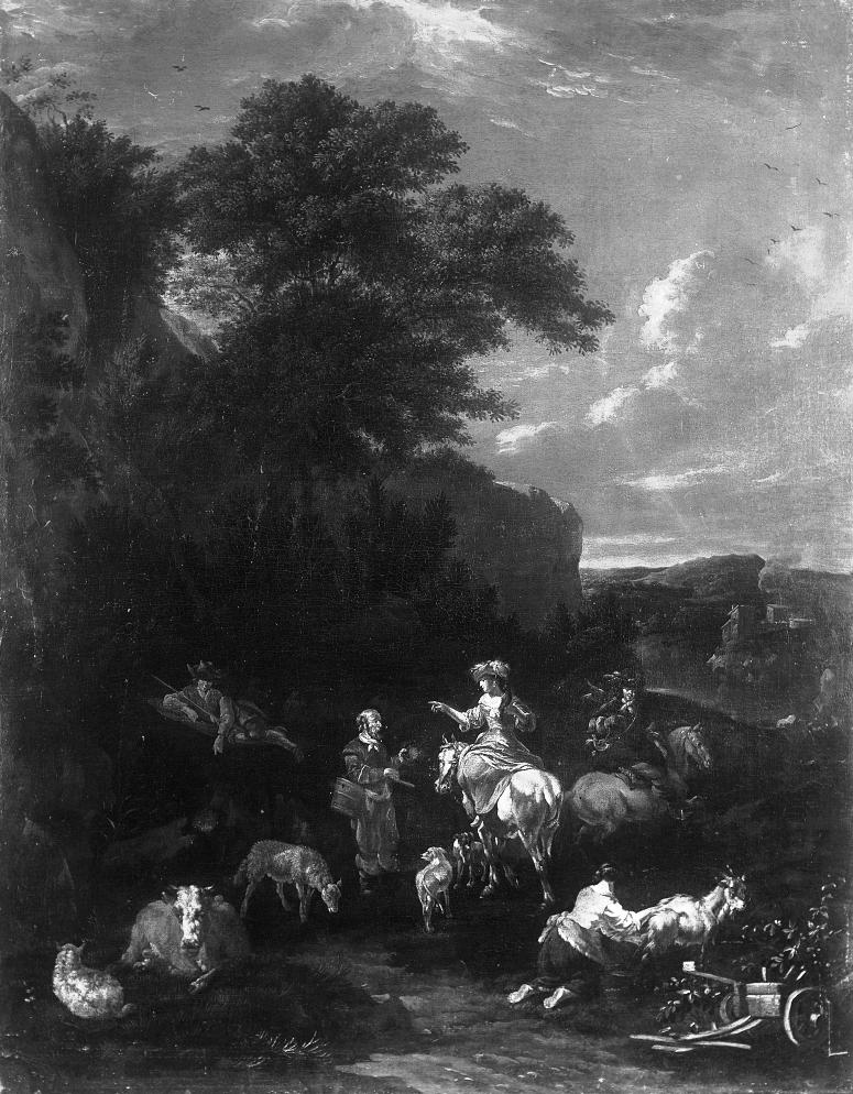 Landscape with people and a herd. by Johannes van der Bent