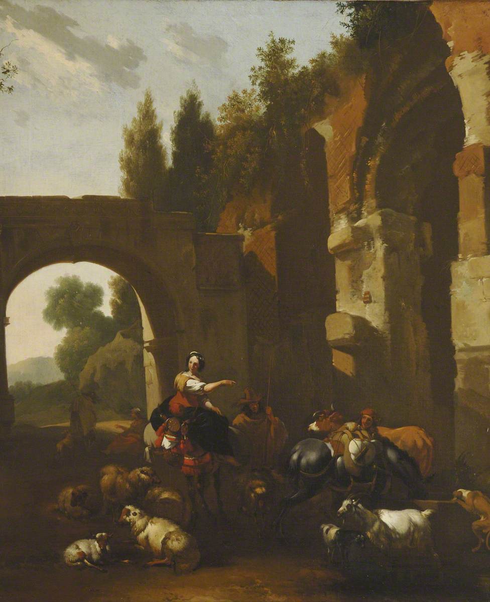 Peasants with Sheep and Cattle by a Ruin by Johannes van der Bent