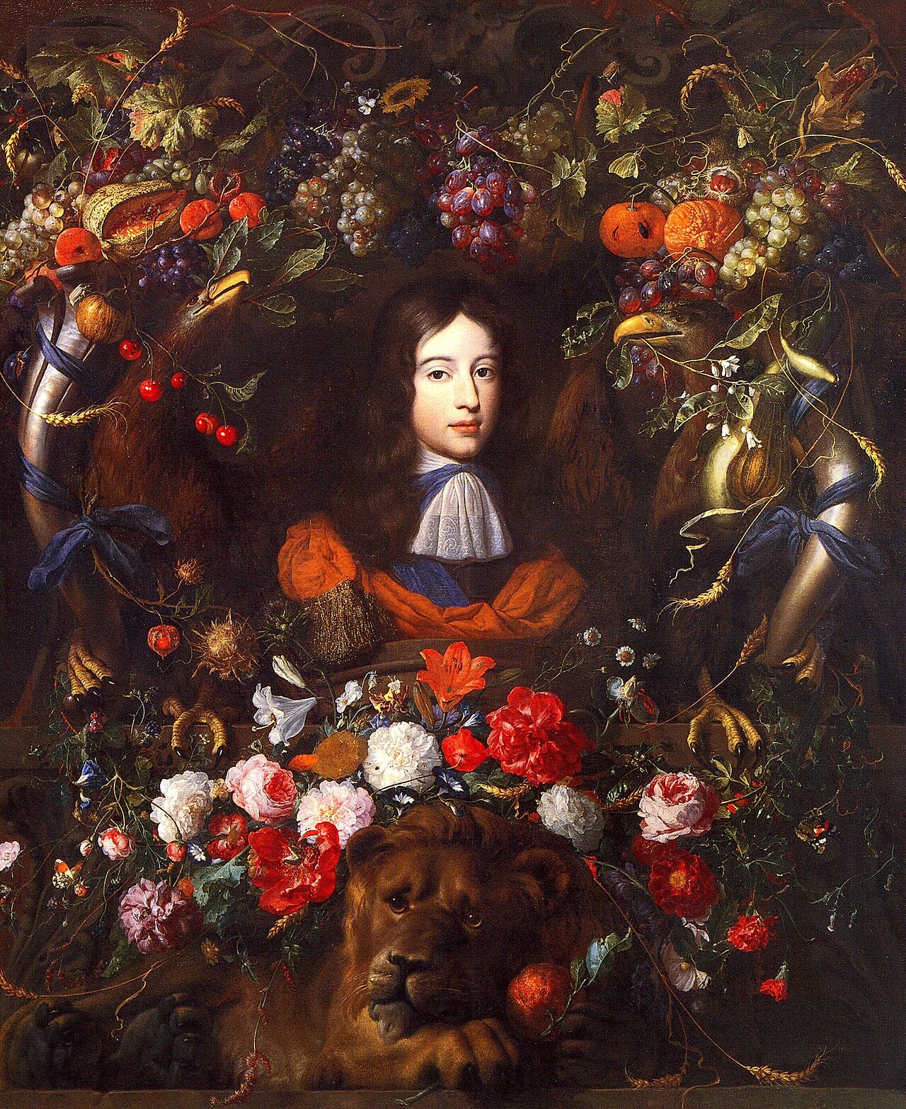 Flower garland with portrait of William III of Orange, aged 10 by Johannes van der Meer