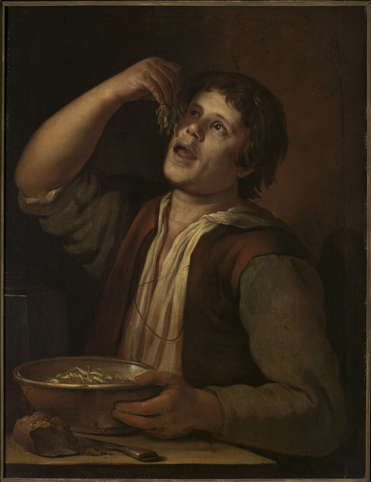 Man eating noodels. by Johannes van der Meer