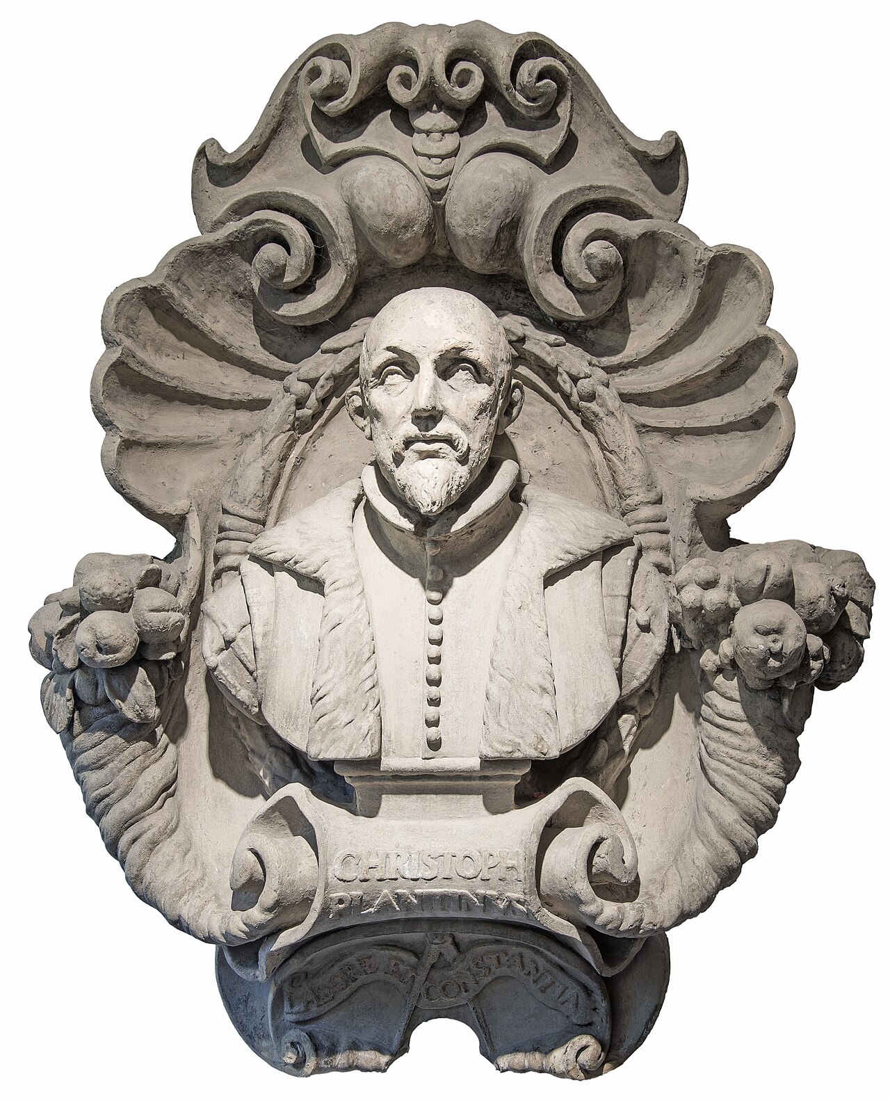 Bust of Christophe Plantin in cartouche (1621) by Johannes van Mildert