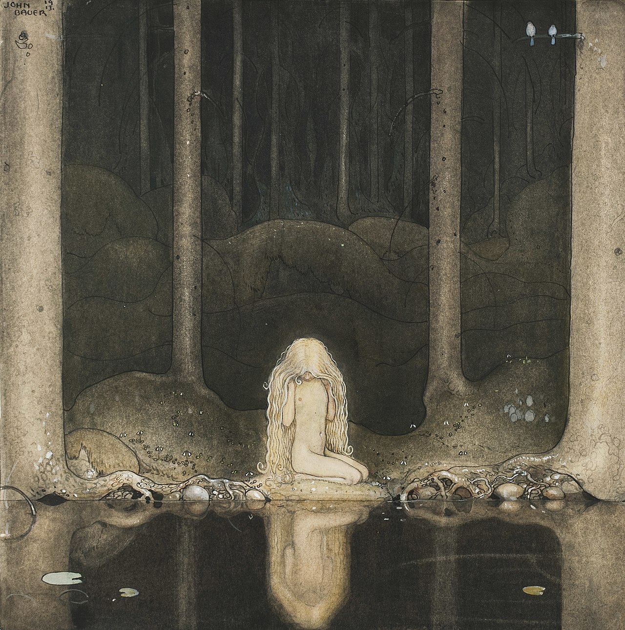 Tuvstarr is still sitting there wistfully looking into the water by John Bauer
