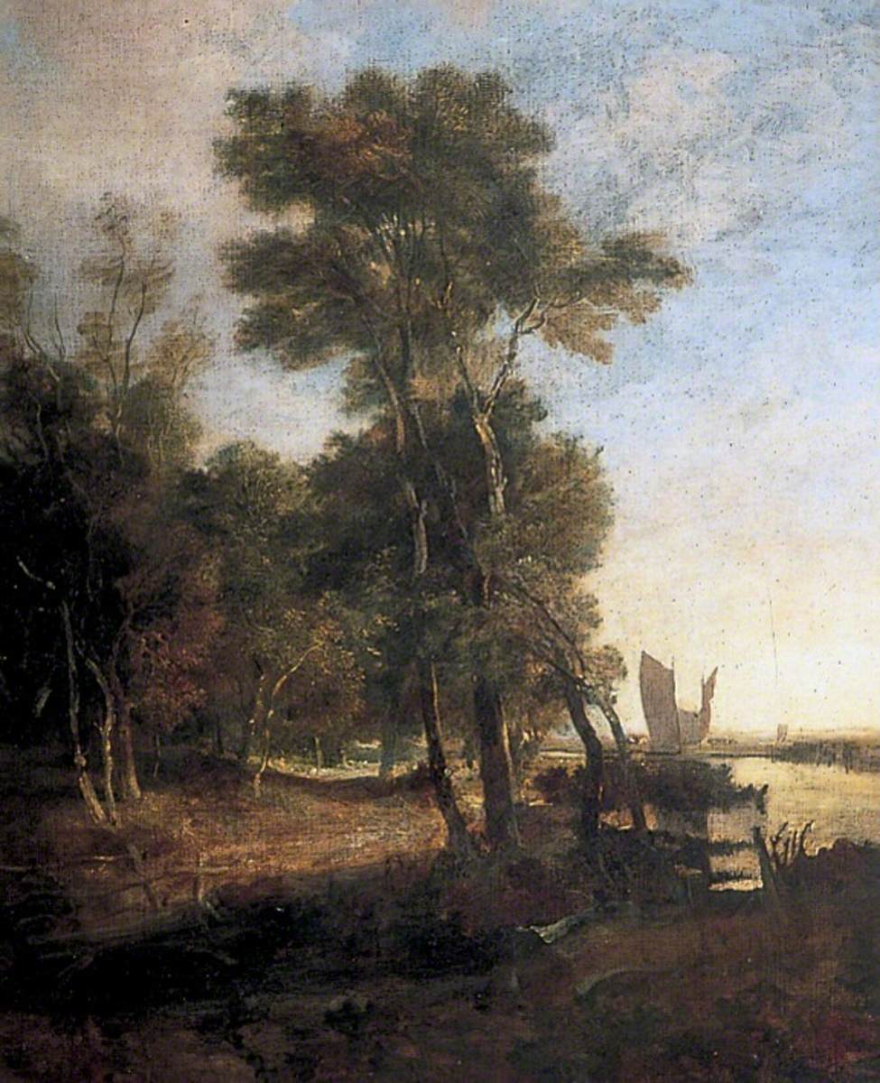 Woodland with a River and Barges with Sails by John Crome