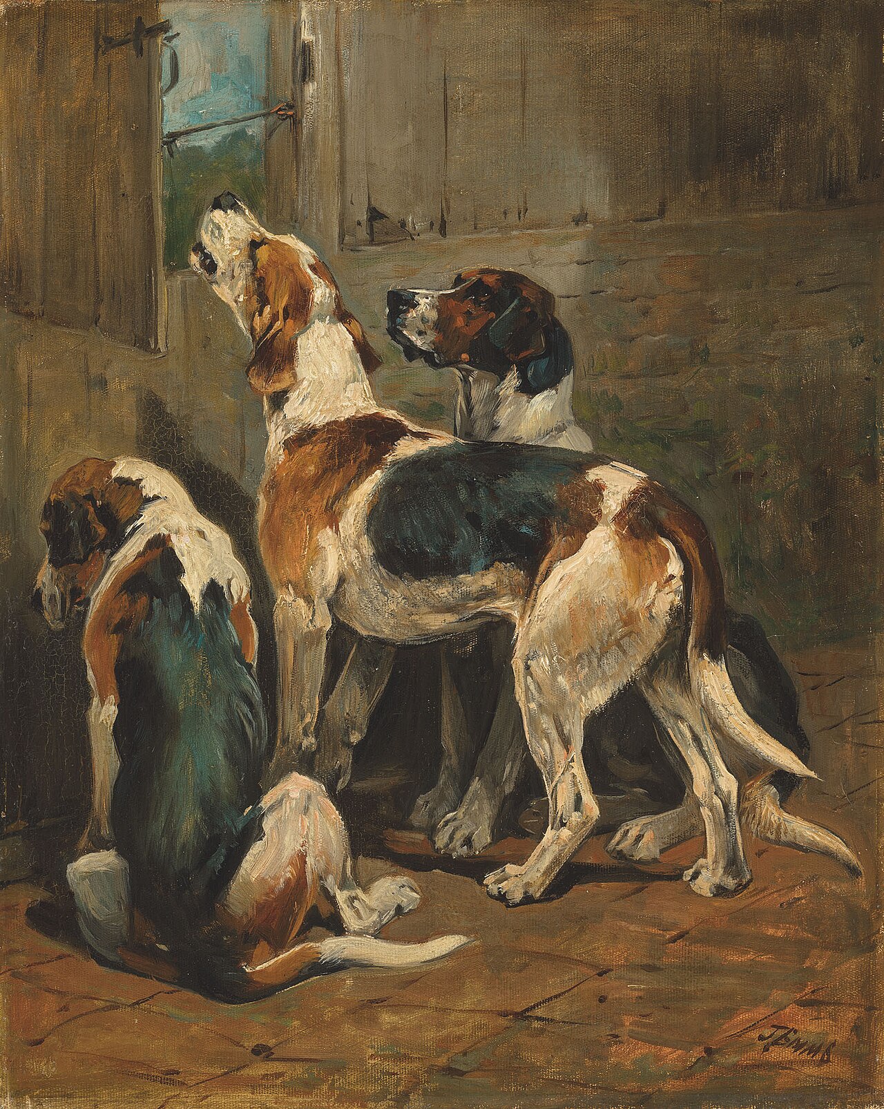 Foxhounds at a kennel door by John Emms