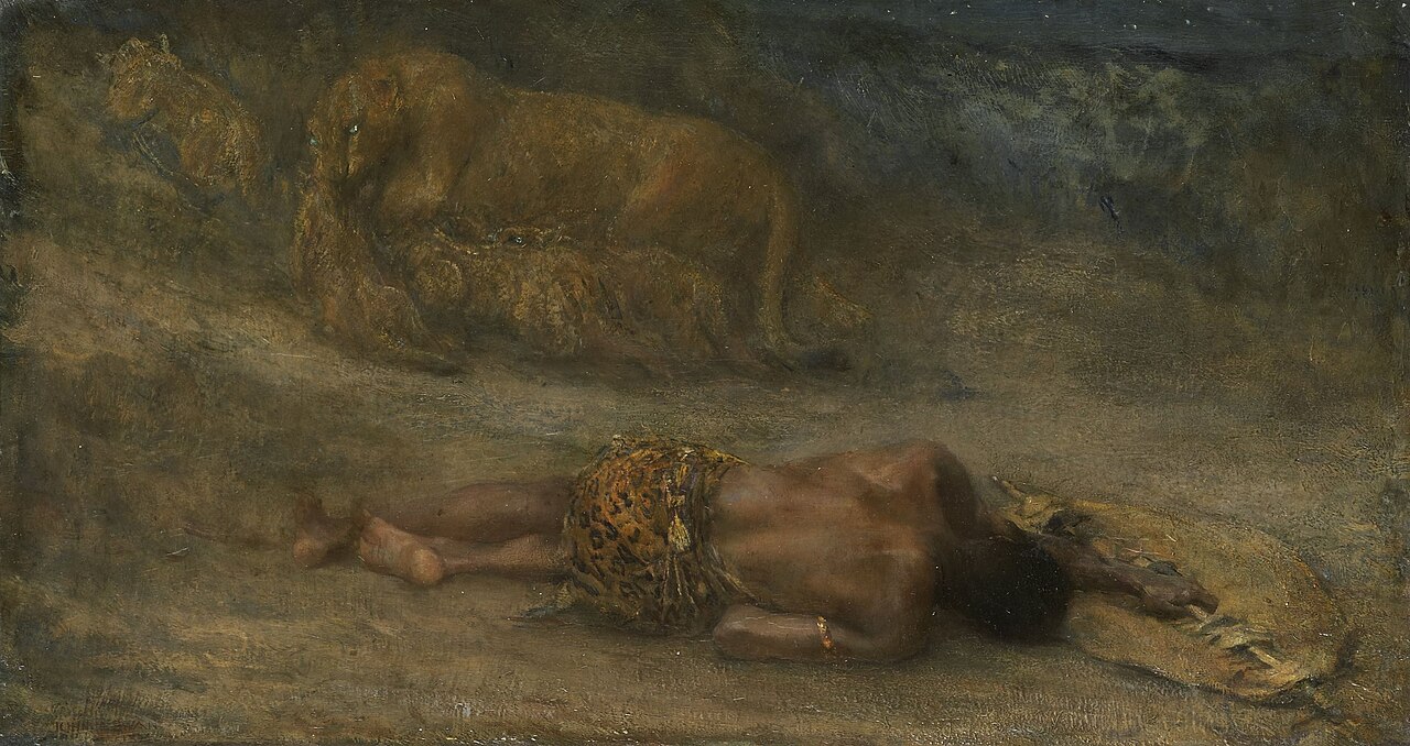 A lioness with her cubs near a dead black man called 'Nemesis' by John Macallan Swan