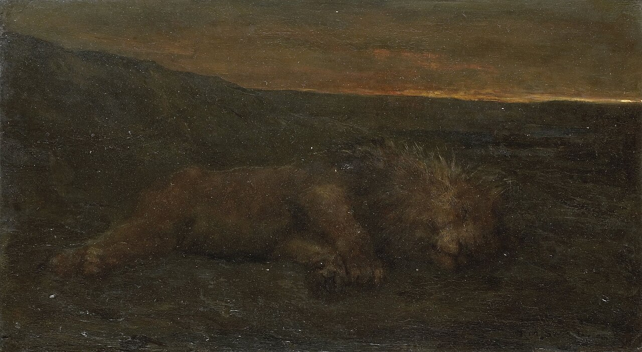 Sleeping lion at night by John Macallan Swan