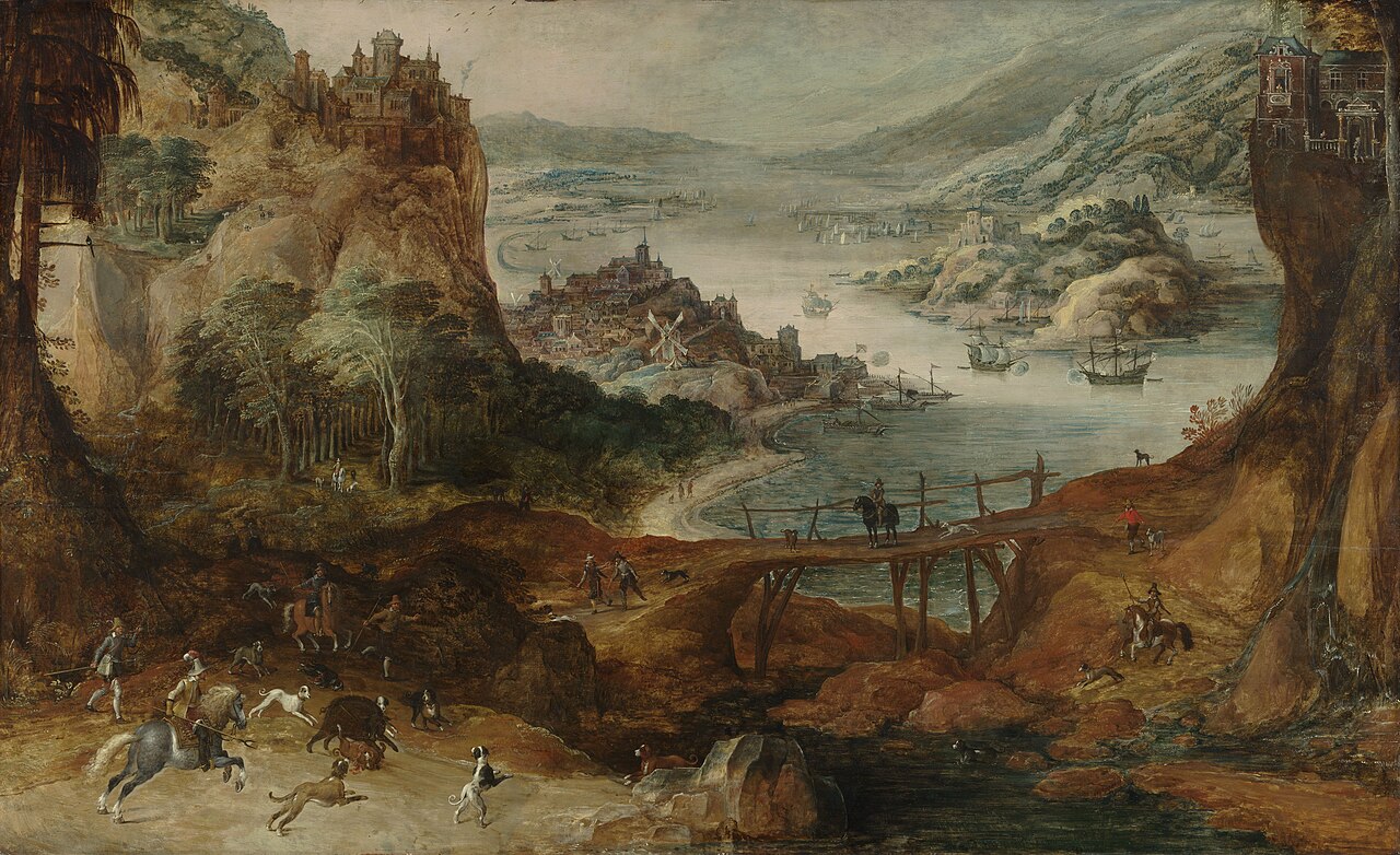 River landscape with boar hunt by Joos de Momper the Younger