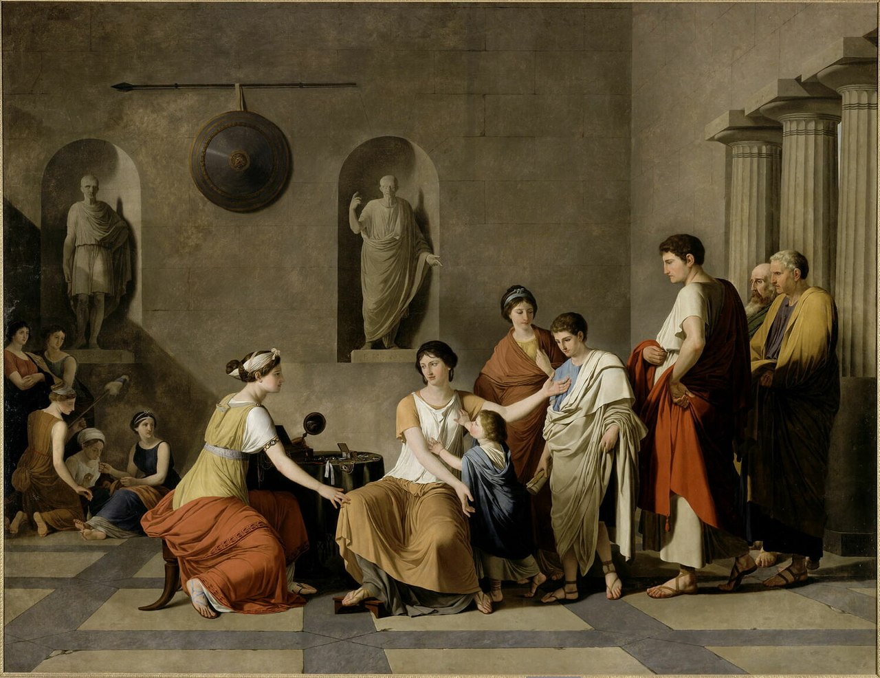 Cornelia, mother of the Gracchi, presenting her children and saying: "Here are my treasures" by Joseph-Benoît Suvée