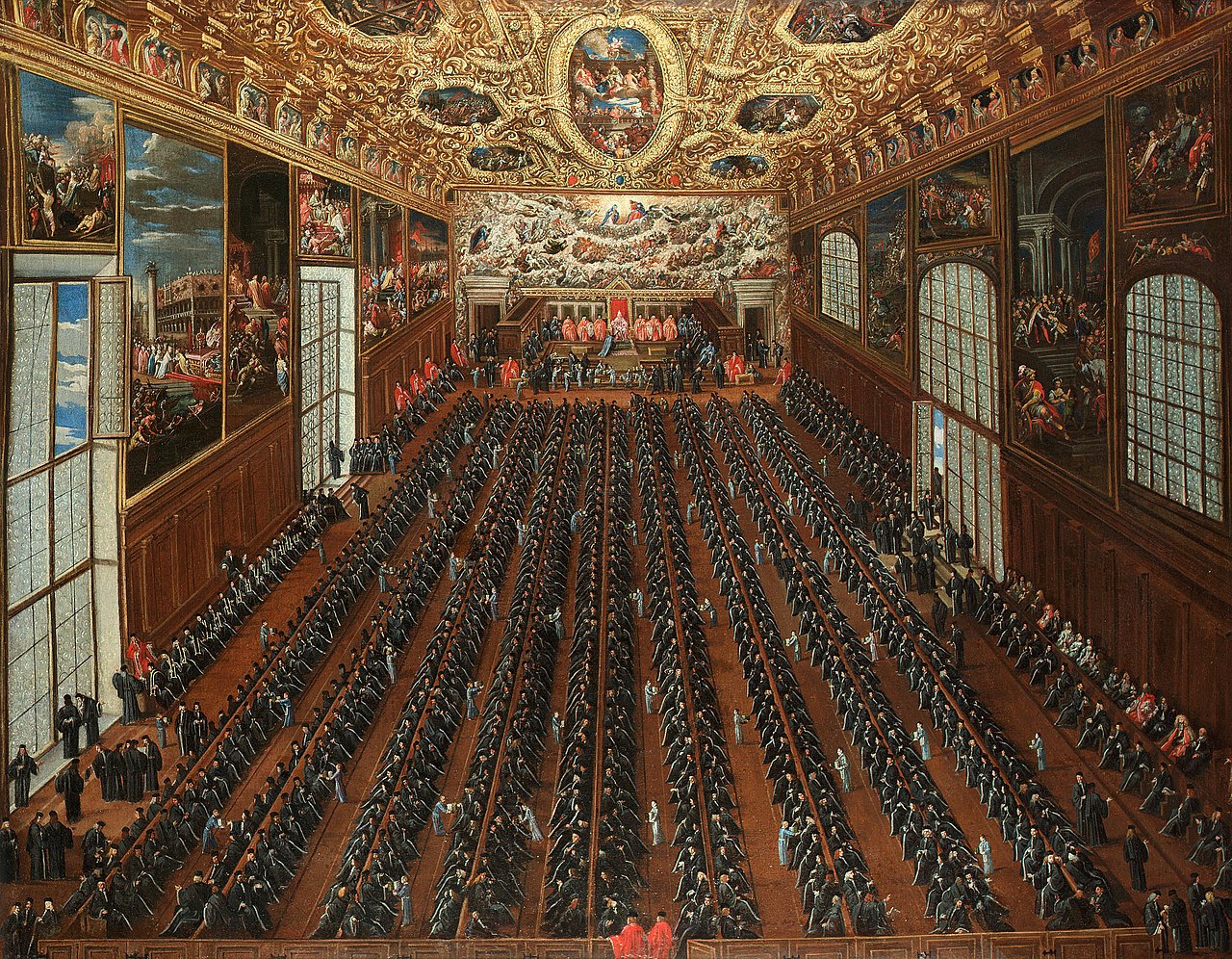 The interior of the Sala Maggior Consiglio, The Doge's Palace, Venice, with patricians voting on a bulletin for the election of new magistrates by Joseph Heintz the Younger