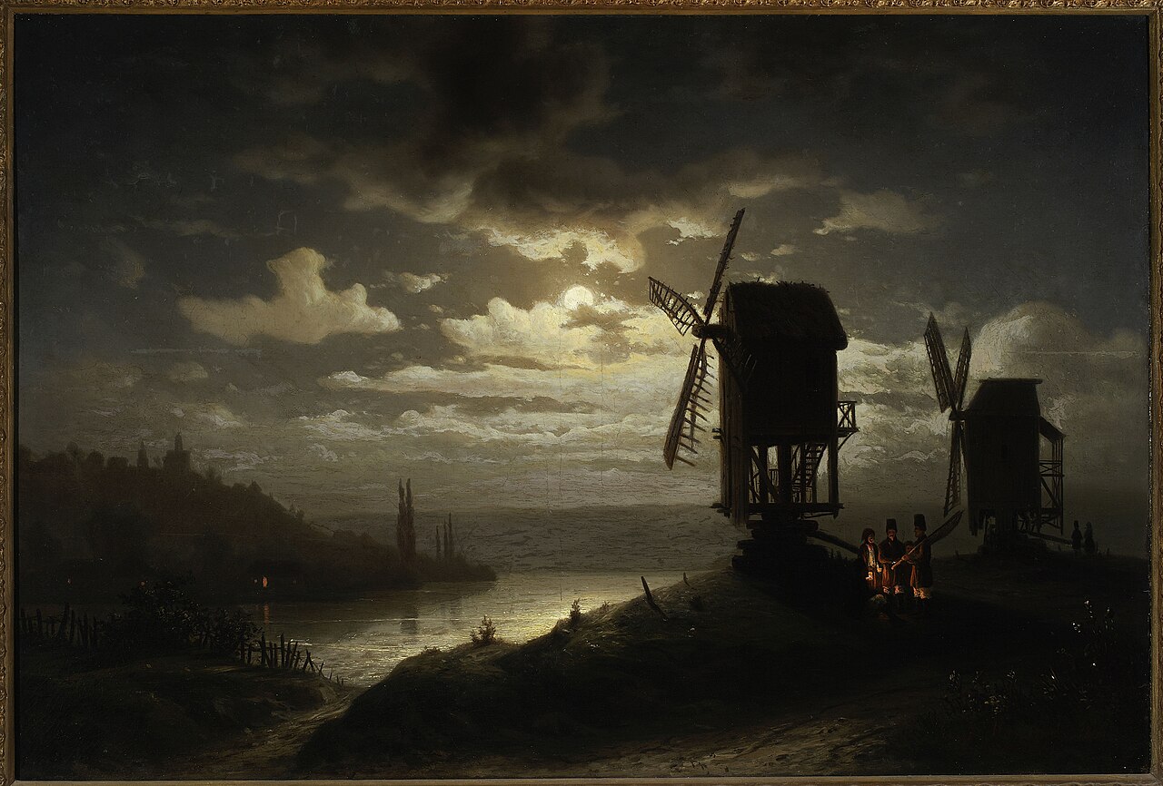 Nocturnal landscape and windmills. by Józef Marszewski