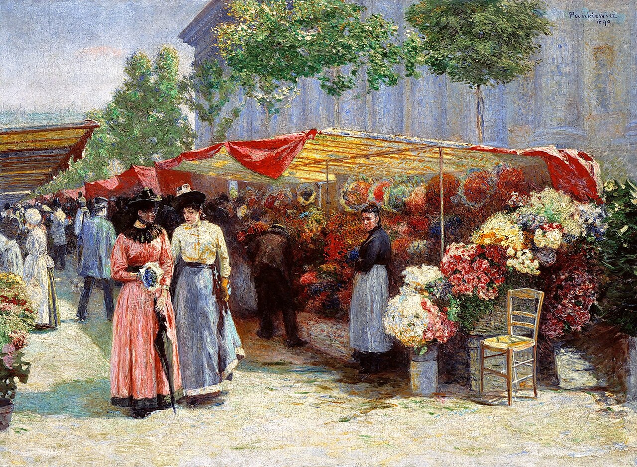 Flower market in front of the Madeleine church in Paris by Józef Pankiewicz