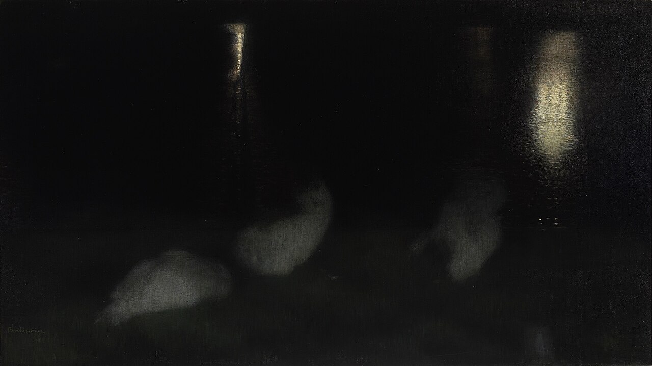 Nocturne. Swans in the Saxon Garden in Warsaw by night. by Józef Pankiewicz