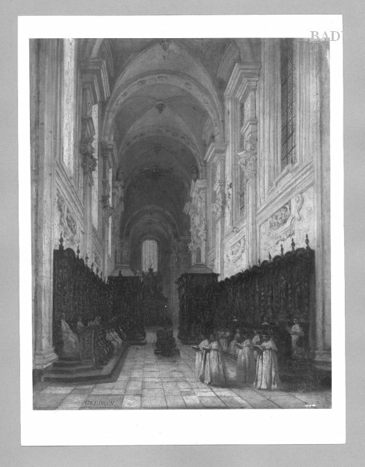 Choir of a baroque church with monks at divine service by Jules Victor Génisson