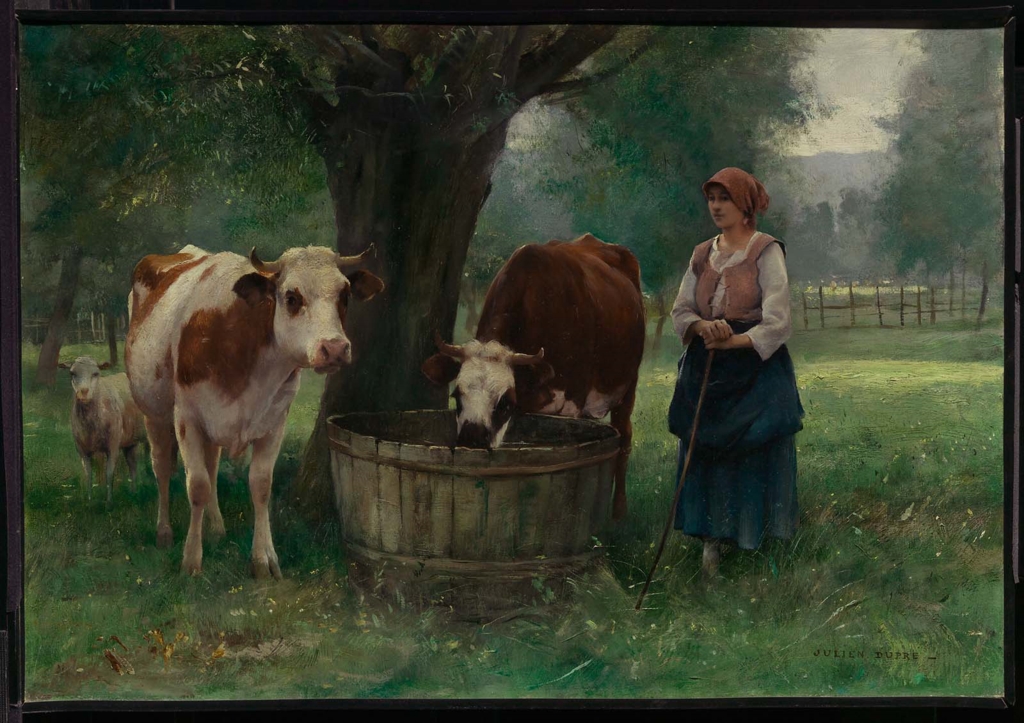 Young Woman Watering Cattle by Julien Dupré