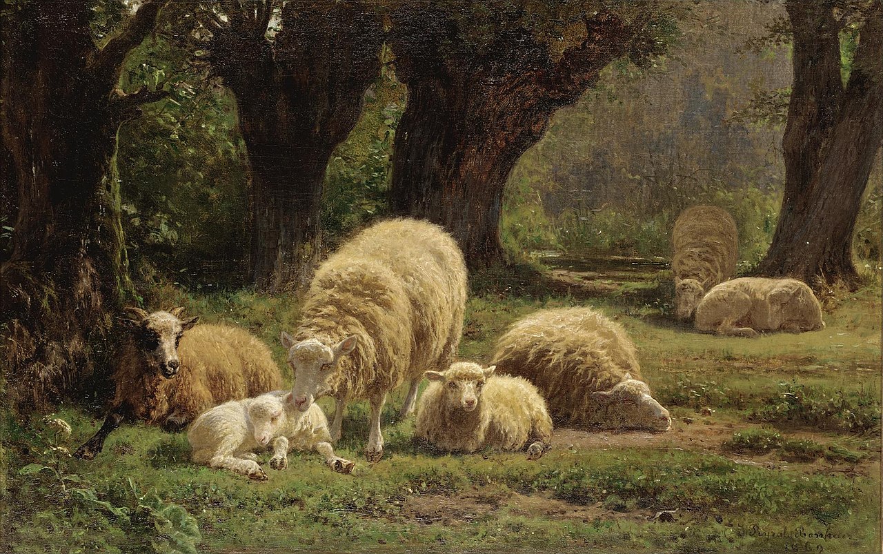 Sheep Grazing in a Wooded Clearing by Juliette Bonheur