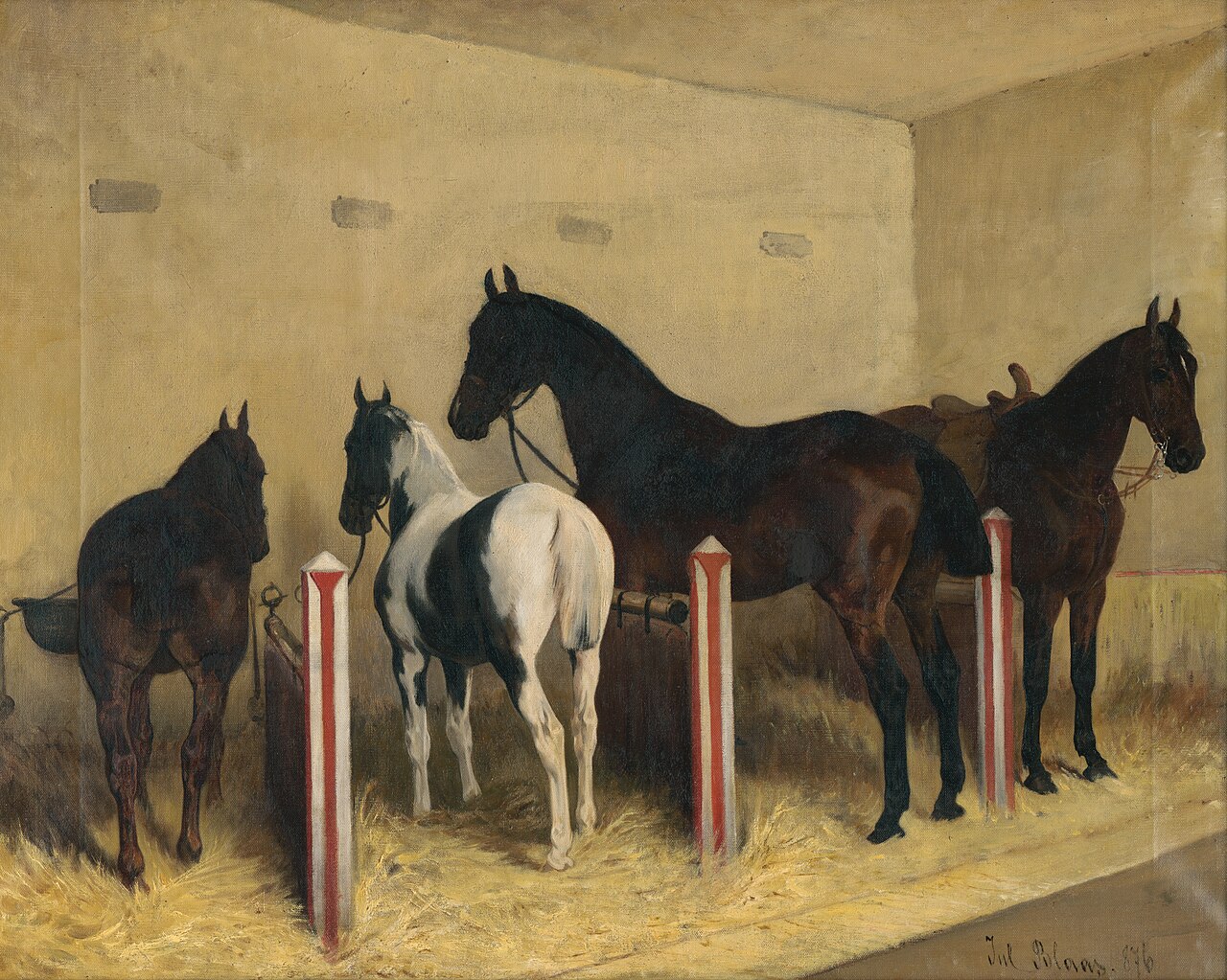 Horses in the stable by Julius von Blaas