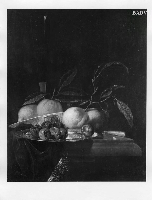 A lemon and orange in a porcelain bowl, a glass of wine, dates on a silver plate, an apple, a peach and a knife, all on a partially draped table by Juriaen van Streeck