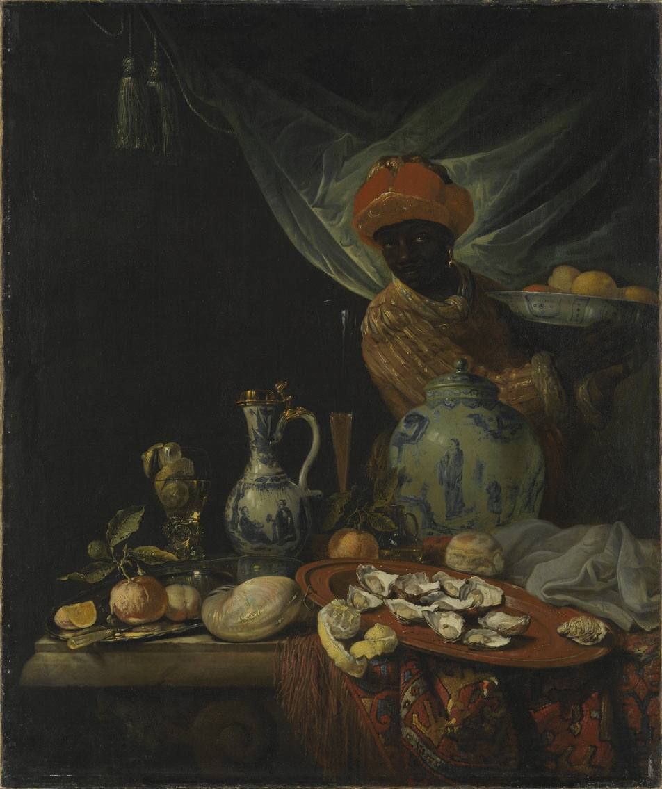 Still life with porcelain vessels and a servant by Juriaen van Streeck