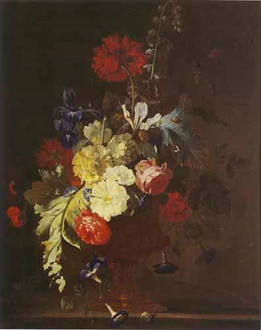 Bouquet with hollyhock, opium poppy, and other flowers in a vase with medallion by Justus van Huysum